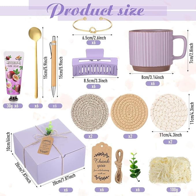 Reallnaive 61 Pcs Baby Shower Prizes for Game Winners Include Ceramic Mug Coaster Hand Cream Pen Spoon Bracelet Hair Clip Card Gift Box with Raffia for Guests Gender Reveal Bridal Shower Party(Purple)