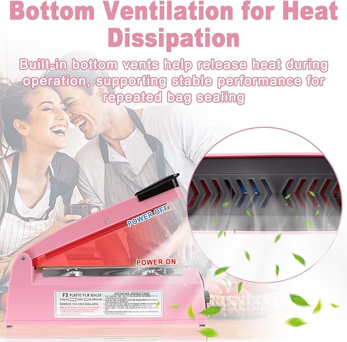 8 Inch Impulse Sealer, Manual Heat Sealer Machine for Mylar Bags, Shrink Wrap Bag Sealers Sealing Machine for Plastic PE PP Bags with 3 Free Replacements Kit Element Grip, Pink