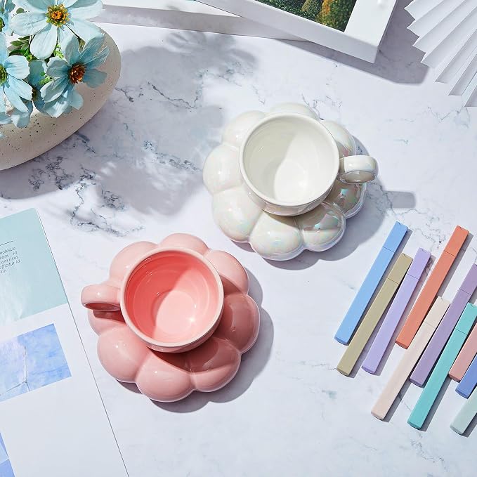 Tessco 2 Pieces Ceramic Coffee Cloud Mug Cup with Saucer, 7oz Cute Ceramic Mug with Coaster Set for Women Gift Home Office Tea Latte Milk Holiday, Pink and Pearl White(Sunflower)