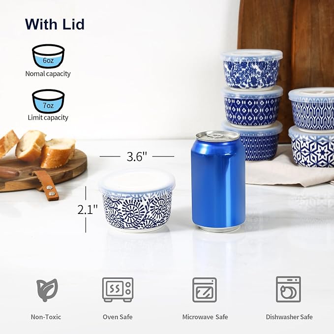 Selamica 6 oz Ramekins with Lids Oven Safe, Creme Brulee Ramekins Souffle Dishes with Covers, Pudding Custard Cups Stackable Ceramic Mini Ramekin Bowls Set for Baking, Dipping, Set of 6, Vintage Blue
