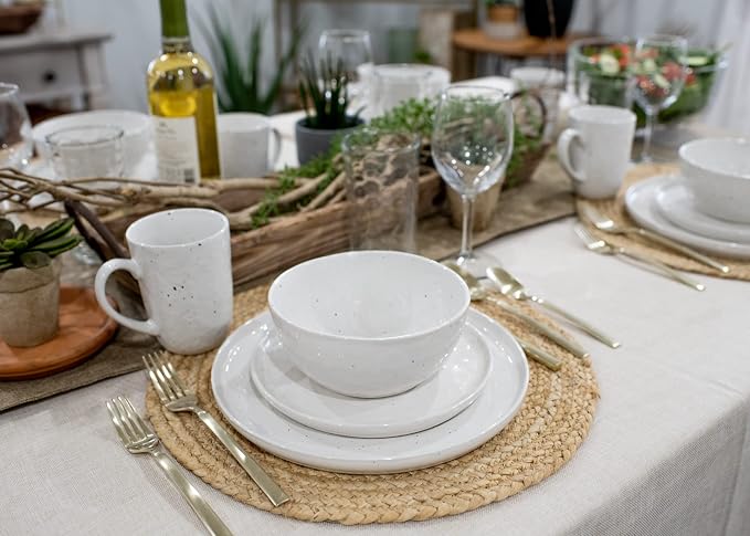 Elanze Designs Shiny Speckled Western Country Style Ceramic Plates Bowls Mugs Dinnerware 16 Piece Set - Service for 4, White