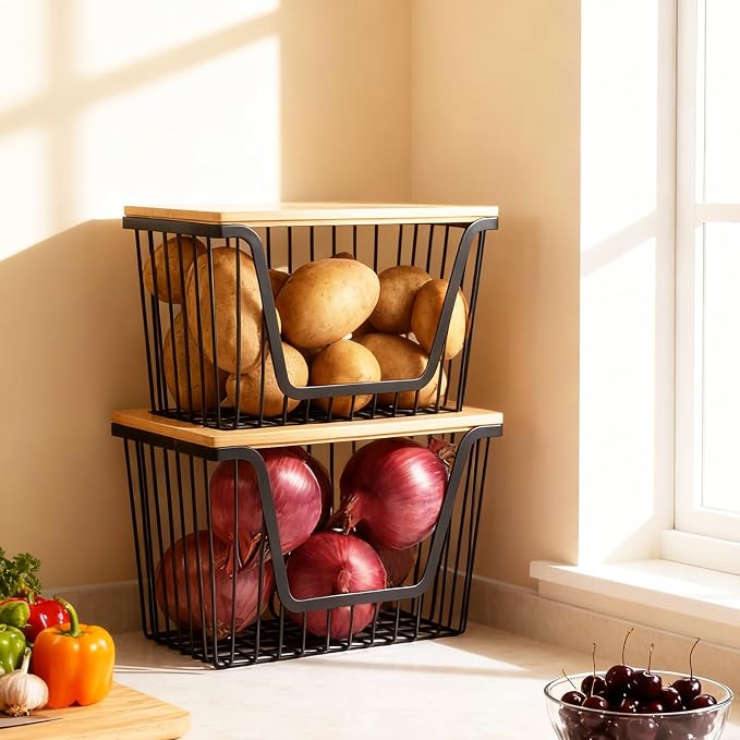1 Pack Fruit Basket for Kitchen Counter，Stackable Pantry Organizers Storage, Large Wire Storage Basket Suitable for Storing Fruits, Onions, Potatoes, and Vegetables
