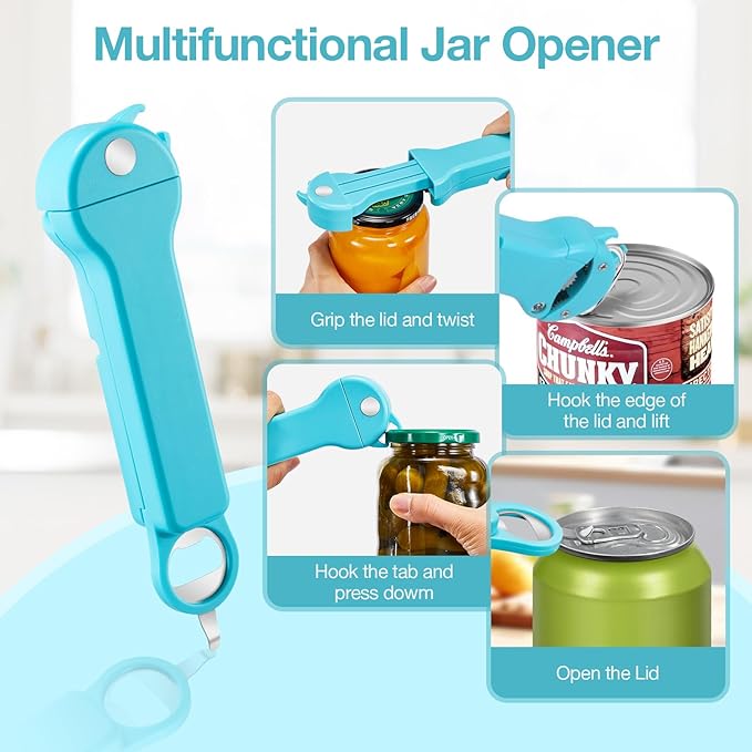 7-in-1 Jar Opener for Seniors – Magnetic adjustable Jar Opener & Bottle Opener for Arthritis, Weak Hands, Easy-Grip Kitchen Lid Opener Gadgets (Teal)