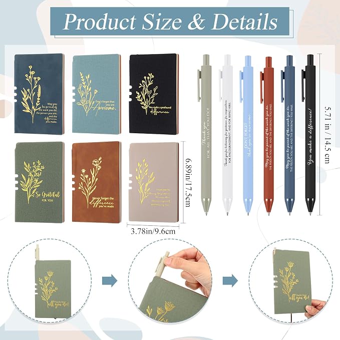 Didaey 6 Sets Employee Appreciation Gifts Set 13oz Boho Floral Ceramics Coffee Mugs with A6 Leather Notebooks Ballpoint Pens Bulk Office Thank You Gift for Coworkers Staff Team Nurse
