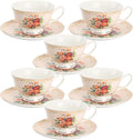 BTaT- Floral Tea Cups and Saucers, 8 oz, Fine Porcelain Teacup Set with Gold Trim for Afternoon Tea, Weddings, Parties & Gifting, Dishwasher Safe, Lightweight, Non-Toxic, Set of 6