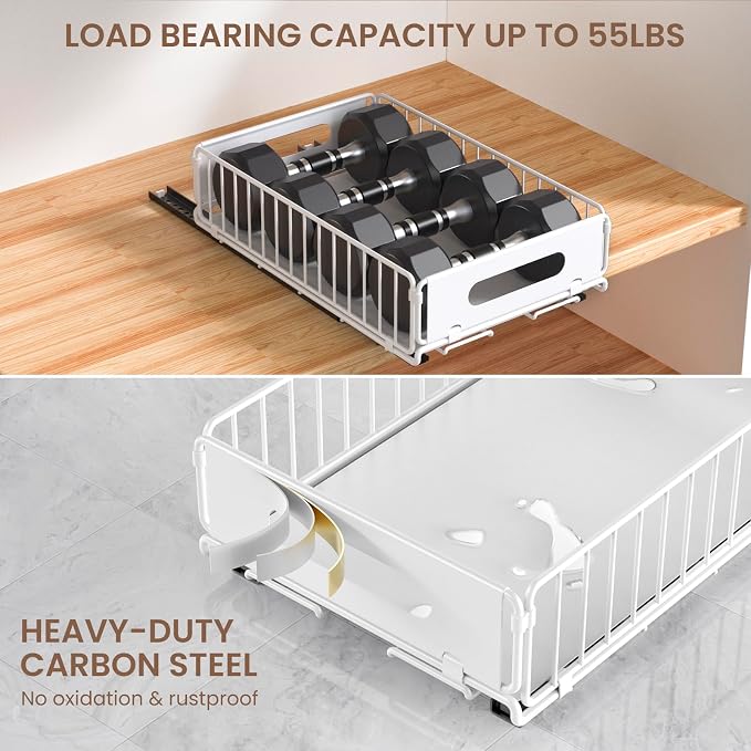 4 Pack Pull Out Cabinet Organizer, Heavy Duty Slide Out Drawer with No Drill Adhesive or Screw Mount, Carbon Steel Roll Out Shelf for Kitchen Cabinet, Pantry & Bathroom Storage