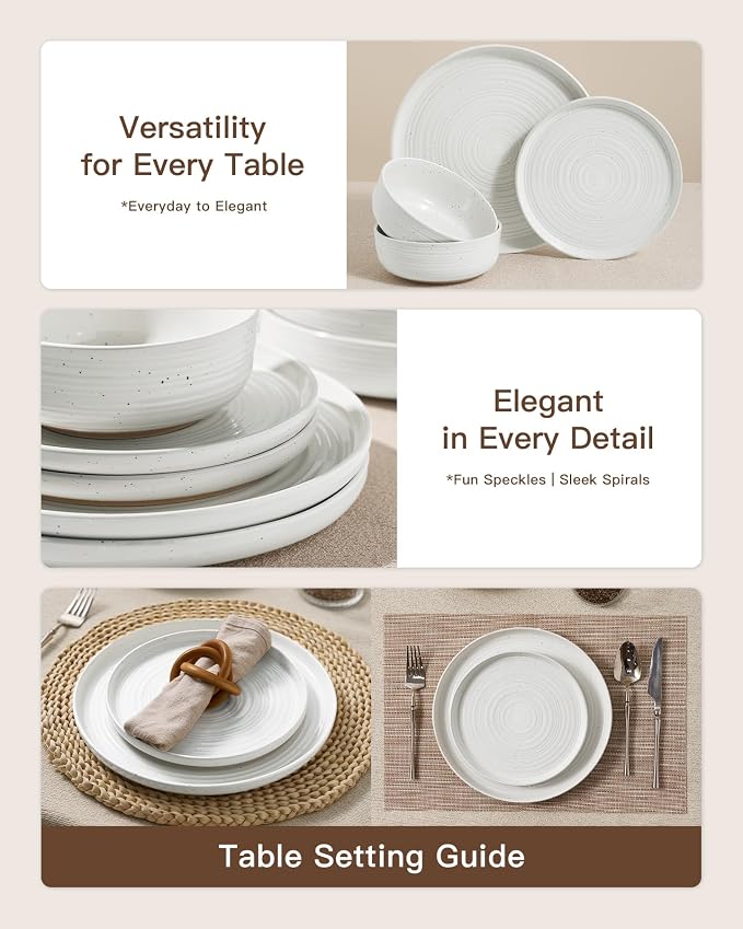 18-Piece Stoneware Dinnerware Sets for 6 - Coupe Plates and Bowls with Speckles & Spirals - Chip & Scratch Resistant, Microwave & Dishwasher Safe - Farmhouse Dishes - Gift Box, White