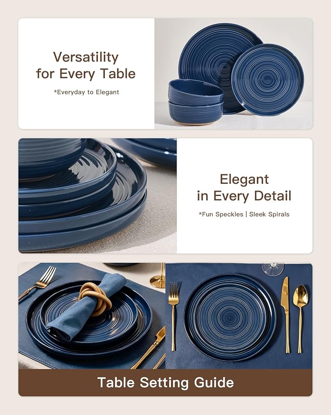 12-Piece Stoneware Dinnerware Sets, Service for 4 - Farmhouse Coupe Plates and Bowls with Speckles & Spirals - Chip & Scratch Resistant, Microwave & Dishwasher Safe, Abysses Blue