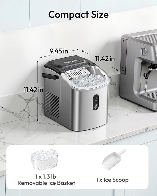 EUHOMY Countertop Ice Maker Machine with Handle, 26.3lbs Per Day, 9 Cubes in 6 Mins, Auto-Cleaning Portable Ice Maker with Basket and Scoop, for Home/Kitchen/Camping/RV (Silver)