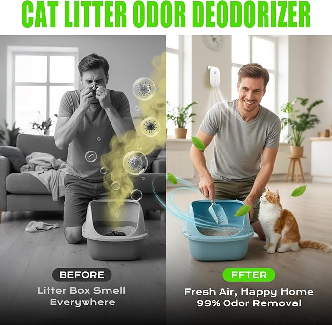 Cat Litter Deodorizer 99% Ozone Odor Eliminator Negative Ion 2-IN-1, Portable Plug In Ionic Air Purifier Filter-free Quiet Dog Poof Odor Removal for Home, Pets, Kitchen, Toilet, Wardrobe, Garage