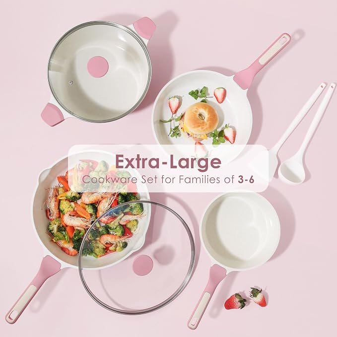 SENSARTE Large Nonstick Ceramic Cookware Set 13Pcs with 8-inch Frying Pan, Healthy Non Toxic Pan Set Induction Compatible with Heat Resistant Handle, PFAS-Free, Pink