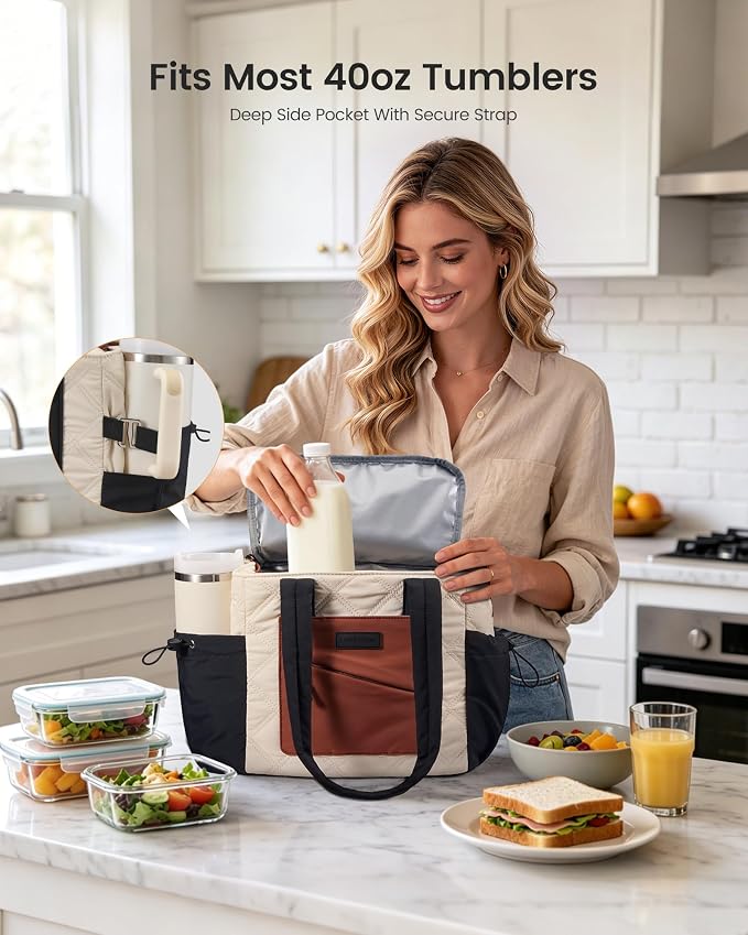 LOVEVOOK Lunch Box for Women, Quilted Insulated Lunch Bag Tote with 40oz Water Bottle Holder, Large Leakproof Cooler Bag for Women with Shoulder Strap, Work Office Nurse Teacher Picnic Travel