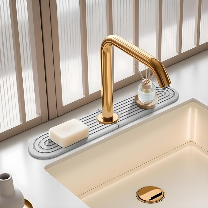 Diatomite Stone Faucet Mat For Kitchen Sink-Absorbent Fast Drying Stone Sink Tray,Faucet Splash Guard Counter,Quick Dry Sink Mat Around Faucet For Kitchen & Bathroom (Light Gray-Oval,15.7" x 4")