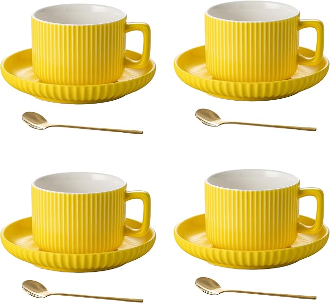 8 Ounce Cappuccino Cups Set of 4, Latte Mugs with Saucers and Spoons, Yellow Ceramic Coffee Mugs Tea Cups for Cappuccino Latte Mocha Au Lait Macchiato Cafe