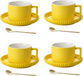8 Ounce Cappuccino Cups Set of 4, Latte Mugs with Saucers and Spoons, Yellow Ceramic Coffee Mugs Tea Cups for Cappuccino Latte Mocha Au Lait Macchiato Cafe