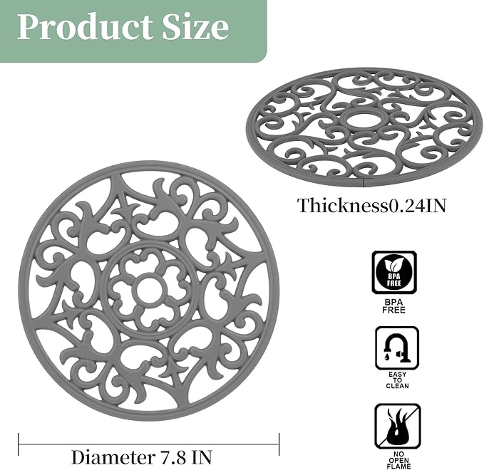 Silicone Trivet Mat-Trivets for Hot Dishes, Table, Countertop, Non-Slip Heat Resistant Modern Kitchen Teapot Trivet-Flexible Round Pads Mats, Multi-Use Intricately Carved Pad Mat of 6 Wine Red
