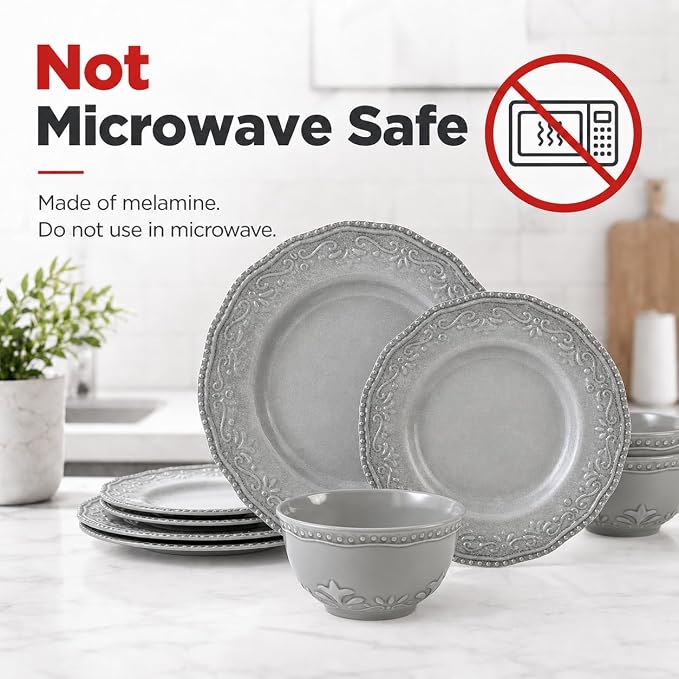 TP 12-Piece Melamine Dinnerware Sets, Plates and Bowls Dishes Set for 4, Break-Resistant & Non-Microwavable, Lightweight Dinner Plates, Relief Grey