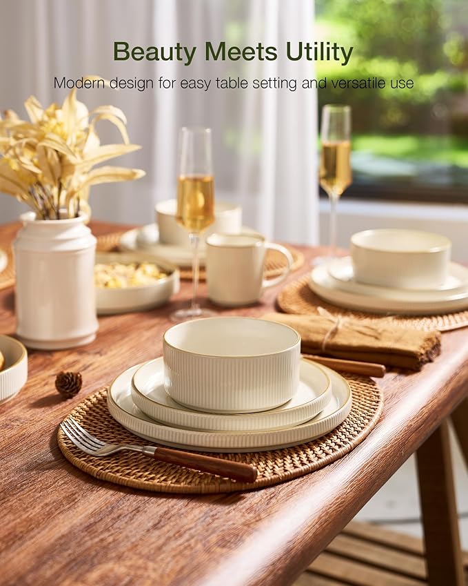Famiware Star 16-Piece Stoneware Dinnerware Set with Trim, Service for 4 -Ceramic Mugs, Plates and Bowls, Modern Rustic Dishes with High Edge, Chip/Scratch Resistant, Microwave/Dishwasher Safe, White