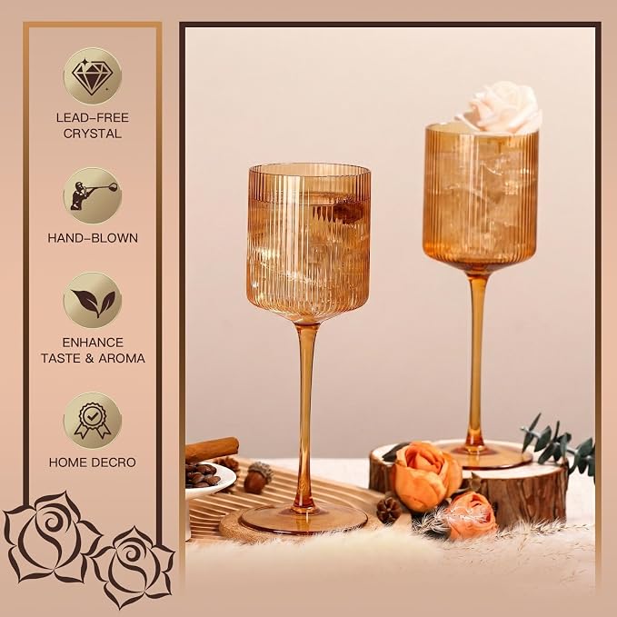 Amber Colored Square Wine Glasses Set of 6, Elegant Ribbed Design Amber Crystal Glassware with Long Stem, 11.5oz Hand Blown Red & White Wine Stemware For Home Dinner Party Wedding Housewarming Gift