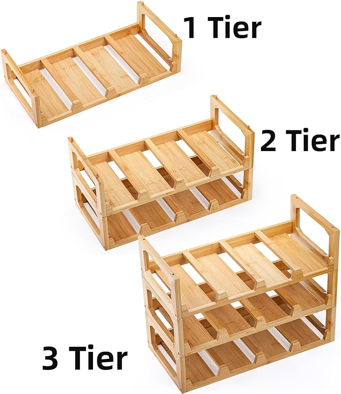 Pumtus 3 Tier Bamboo Water Bottle Organizer, Stackable Bottle Storage Rack, Tumbler Shelf Organizer, Wine Bottle Holder, Drinking Cup Display Rack for Cabinet Kitchen Cupboard, Hold 12 Bottles