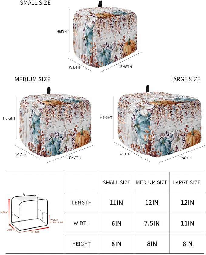 Orange Blue Pumpkins Fall Toaster Cover 4 Slice, Thanksgiving Eucalyptus Dustproof Bakeware Oven Protector with Top Hook, Gray Wooden Waterproof Small Kitchen Appliance Toasters Dust Cover, 12"x11"x8"