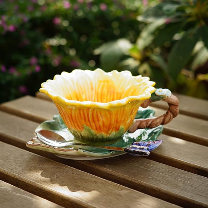 Ceramic Coffee Mug & Saucer Set, 3D Sunflower & Leaf, 6oz | Hand-painted, Handmade, Includes Spoon, Birthday Gift for Women