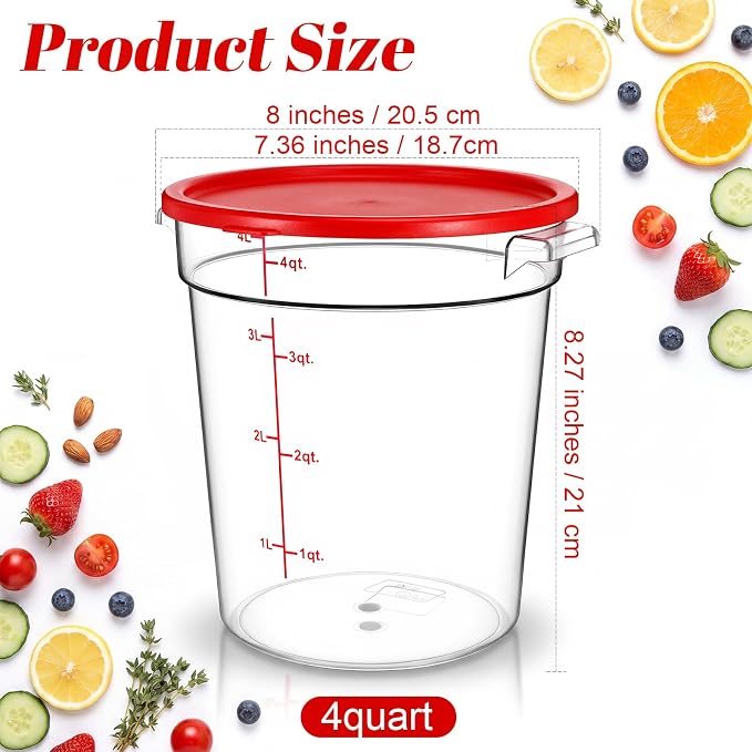 Geetery 4 Pack 4 Quart Round Food Storage Containers with Lids Measurement Markings BPA Free Airtight Kitchen Containers for Pantry Fridge Meal Prep (Red,4 Qt,Round)