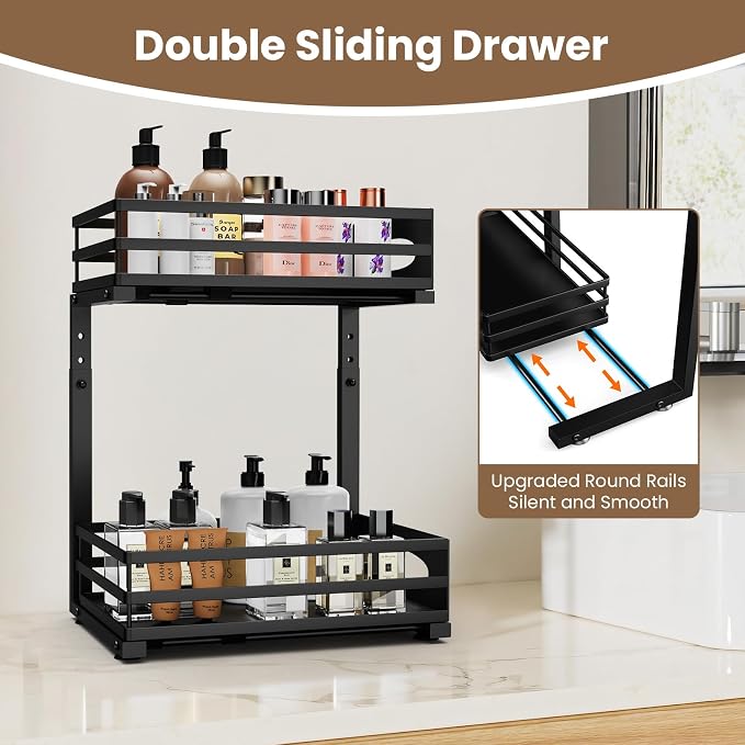 Under Sink Organizer, Slide Sink Steel Shelf Cabinet Storage Shelves, Height Adjustable Under Sink Organizers and Storage, 2 Tier Pull Out Drawer Cabinet Organizer for Kitchen Bathroom