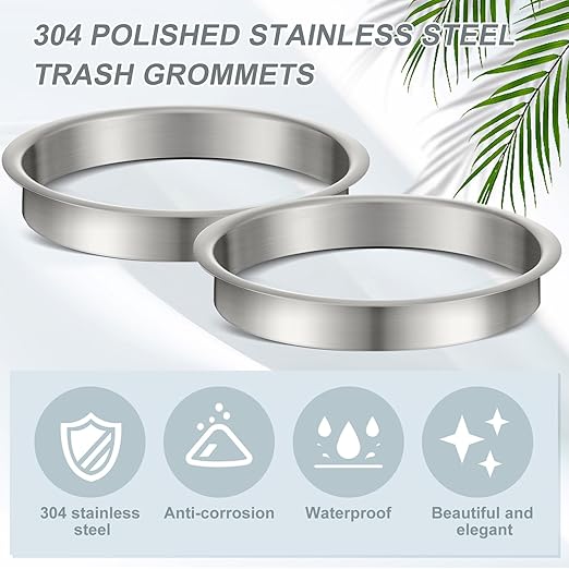 Honeydak 2 Pieces 8" (Nominal) Diameter x 1" Height 304 Polished Stainless Steel 8" x 1" Trash Grommets for Countertop Inserted Trash Kitchen Cabinet Counter Bin, Ease to Install