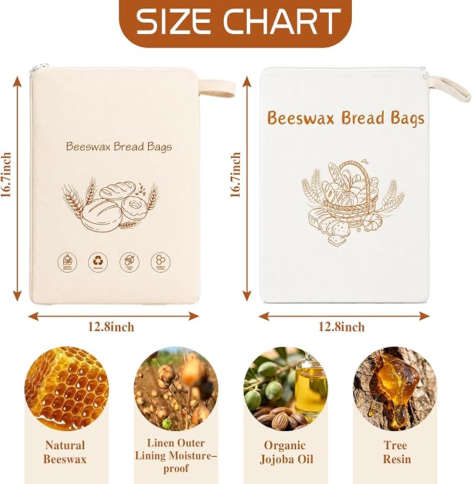 2 Pack Beeswax Bread Bags for Homemade＆Sourdough, 17"x13" XL Reusable Organic Linen with Wide Zipper, Freezer-Friendly Eco-Friendly Storage for Bread, Keeps Loaves Fresh Longer