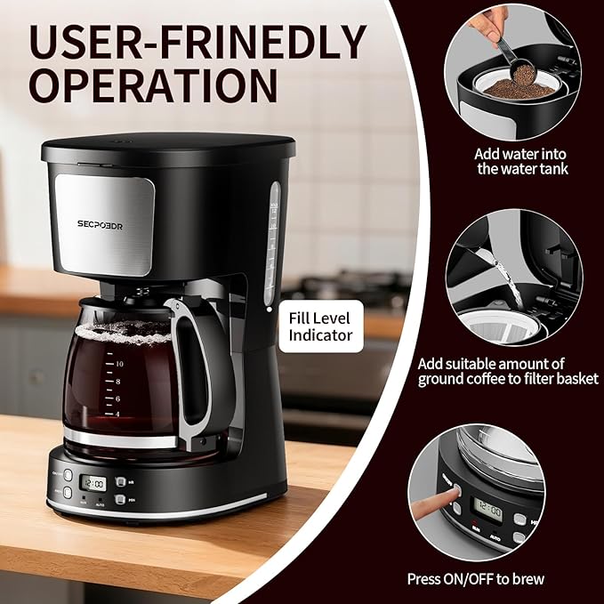 Programmable 12 Cup Drip Coffee Maker, Silver, Stainless Steel | Auto Brew, Keep Warm Function, Removable Filter Basket, Auto Shut-off, Clear Water Level Window,Silver and Black