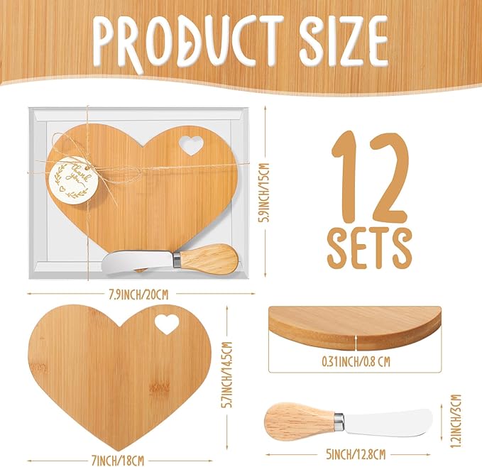Maxcheck 12 Set Bridal Baby Shower Favor Heart Shaped Charcuterie Board Bulk 7x5inch Mini Cheese Board Gift with Knives Thank You Tag for Guest Birthday Bridal Wedding Baby Shower Prize (Bamboo Color)