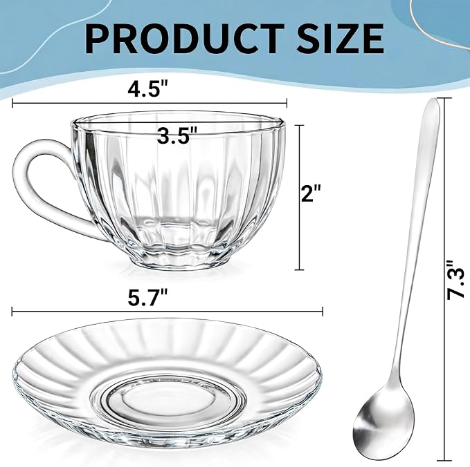 Noamus 6 Pack Glass Teacup and Saucer&Spoons Set, 5Oz/150ml Clear Coffee Mugs with Handles, Dishwasher Microwave Safe Glassware for Espresso Latte Juice Cappuccino Cereal Yogurt Milk Hot/Clod Beverage