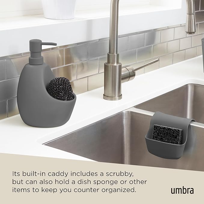 Umbra Joey, Matte Ceramic Liquid Soap Dispenser with Sponge Caddy, Ideal for Kitchen or Bathroom Use, Charcoal