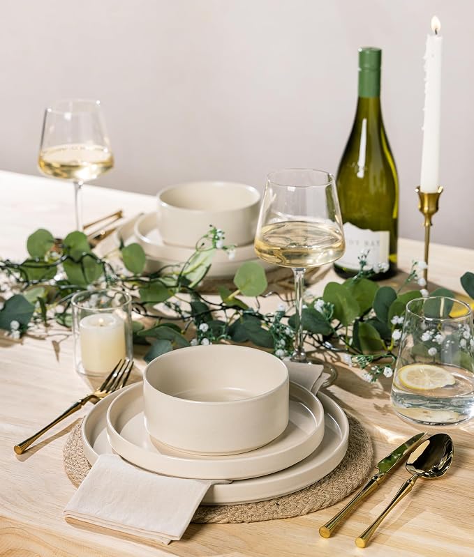 TheTerra Ceramic Dinnerware Sets for 8, 24 Pieces Handmade Reactive Glaze Plates and Bowls Set, Scratch Resistant Dish Set, Oven & Microwave & Dishwasher Safe, Matte White