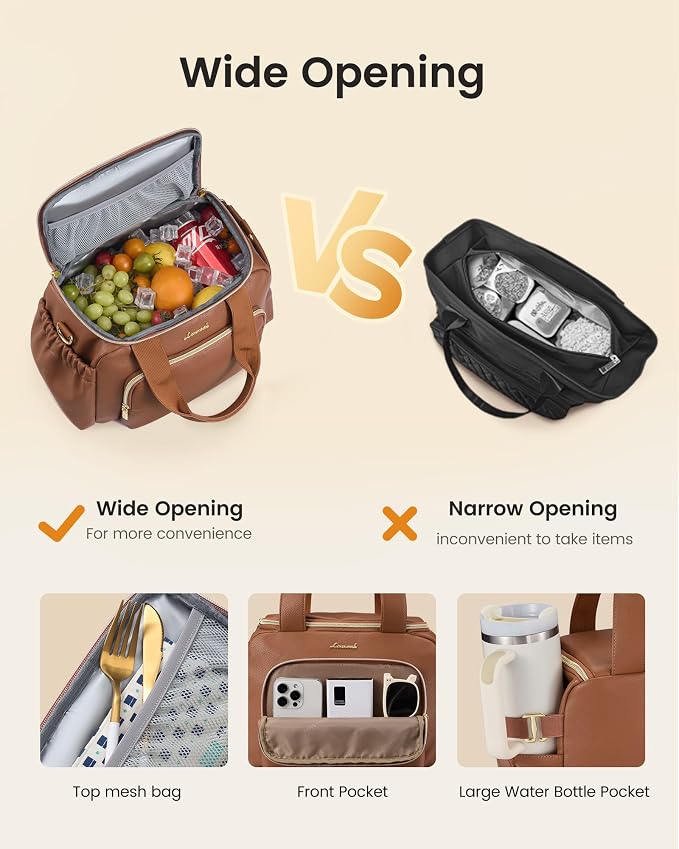 LOVEVOOK Insulated Lunch Bag for Women, PU leather Lunch Box with Shoulder Strap, Wide Opening Adult Large Lunch bags for Work Picnic Beach Family Camping Outdoor Teacher