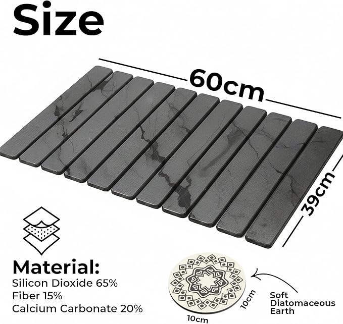 Large Stone Dish Drying Mat 17"x14"x2", Diatomaceous Earth Absorbent Coaster 4"x 4", Foldable Stone Dish Drying Mat, Quick Dry Stone Mat Kitchen - Modern Design Dark Gray