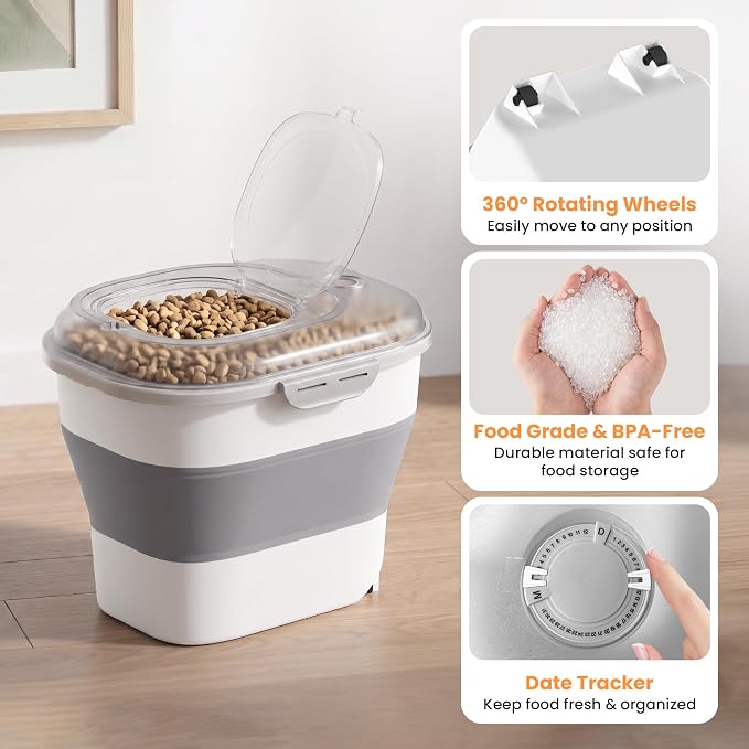 50 Lbs Rice Storage Container with Wheels, Collapsible Airtight Dog Food Storage Container with Transparent Lid, Measuring Cup, Scoop, Handle, BPA Free Rice Holder for Pet Food, Grain, Bird Seed