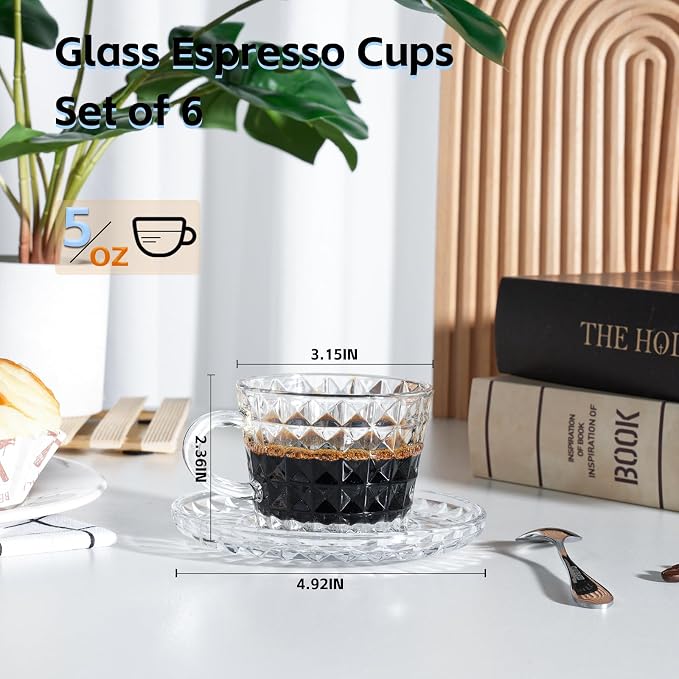 Glass Espresso Shot Cups with Saucers Set of 6, Clear Small Demitasse Cup with Stainless Steel Spoons, Dishwasher Safe Coffee Mugs for Tea Hot Chocolate Cappuccino, 5OZ/150ML, Diamond