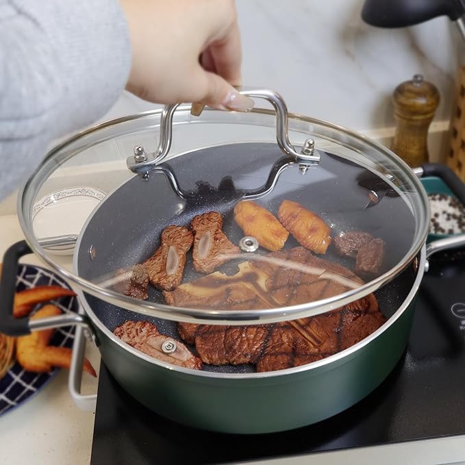 10.5 Inch Clear Glass Pot Lid for Frying Pan Replacement Cover Can Withstand 428°F (220℃) with Stainless Steel Arch Bridge Handle,Polished Silver