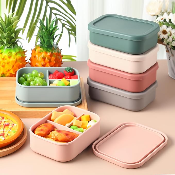 Honeydak 6 Pcs Silicone Bento Box for Adults, 3 Compartment Lunchable Food Container for Women Men, Leak Proof Microwave Dishwasher Freezer Safe (Bright Colors)