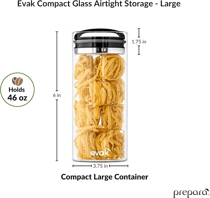 Prepara Evak Compact Airtight Food Storage Container, Large (6" x 3.75")– Glass Canister with Black Gloss Handle, Vacuum Seal Keeps Food Fresh Longer, Ideal for Coffee, Tea & Pantry Storage
