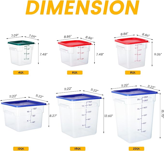 BIEAMA 4 Pack Food Storage Containers, 12 Quart with Lids, Square Commercial Containers with Scale, NSF, Polycarbonate, Clear