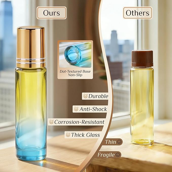 PrettyCare 4 Pack, 10 ml Essential Oil Roller Bottles with Stainless Steel Roller Ball - Refillable Leak-proof Empty Thick Blue& Yellow Glass Roll on Bottles with Golden Caps for Travel, Perfume