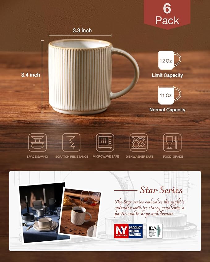 famiware Coffee Mug Set for 6, Star 12 oz Catering Mugs Cup Set with Handle for Coffee, Tea, Cocoa, Milk - Ceramic Stoneware Drinkware Set, Cappuccino White (Pack of 2)
