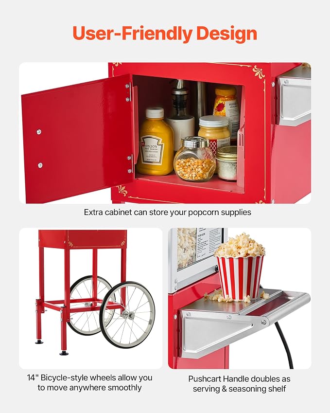 VEVOR Popcorn Machine with Cart, 8oz Stainless Steel Kettle, 800W Commercial Popcorn Maker, 48 Cups per Batch Theater Style Popper, with 2-Button Control Glass Wall PC Door 1 Scoop 3 Spoons, Red