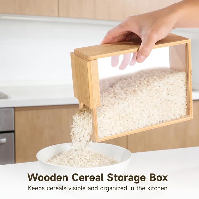 2 Pcs Wooden Cereal Storage Boxes, 8.7 x 6.8 x 3.1 in Dry Food Dispenser with Slide Lid, Visible Window, Wood Food Storage Container for Kitchen, Pantry Organization