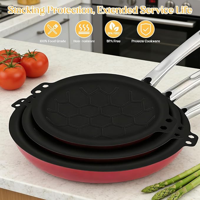 3 Piece Set Silicone Pan Protectors (Includes 8",10",12"), Pan Separators for Stacking Compatible with Hexclad, Tfal, All-Clad Nonstick Frying Pans and More, Cookware Protector, Dishwasher Safe, Black