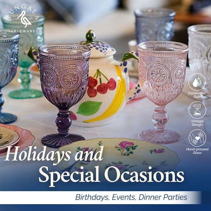 Multi Color Wine Glasses Set of 6 Vintage Hobnail Goblets 10 oz Dishwasher Safe
