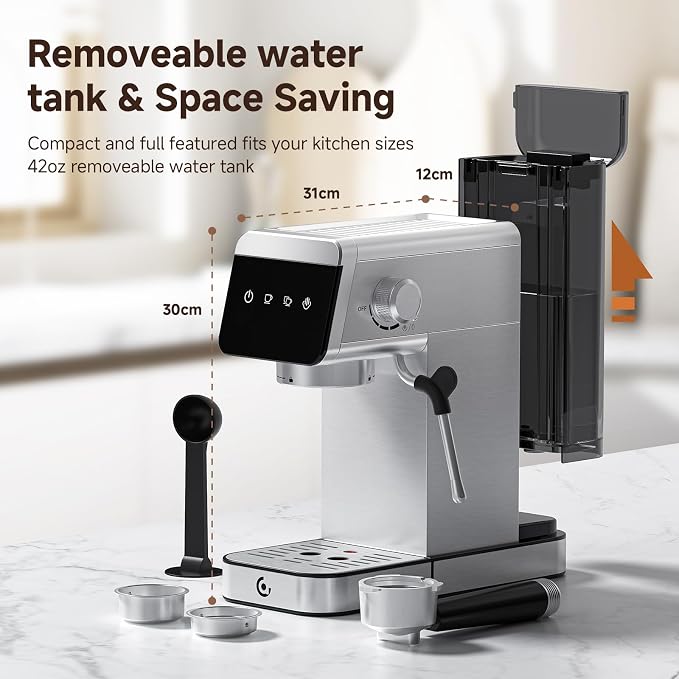 AMZCHEF Espresso Machine 20 Bar, Compact Coffee Maker with LED Touch Screen & Milk Frother, Brushed Stainless Steel Housing Espresso Maker for Home & Office, Coffee Machine for Cappuccino, Latte